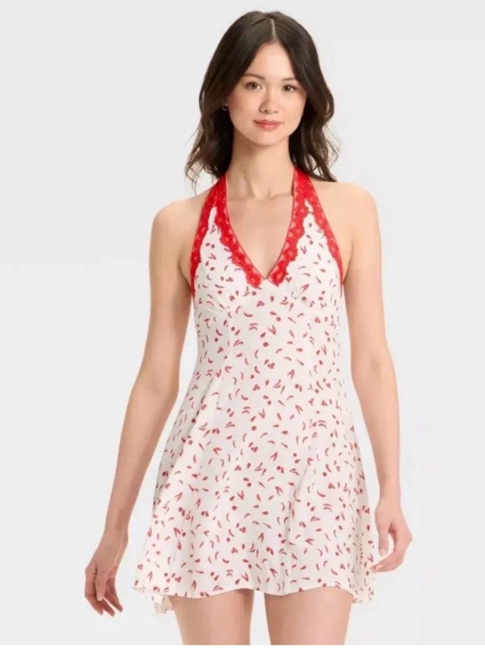 Women’s Red Chili Pepper Halter Mini Dress – Lace Trim